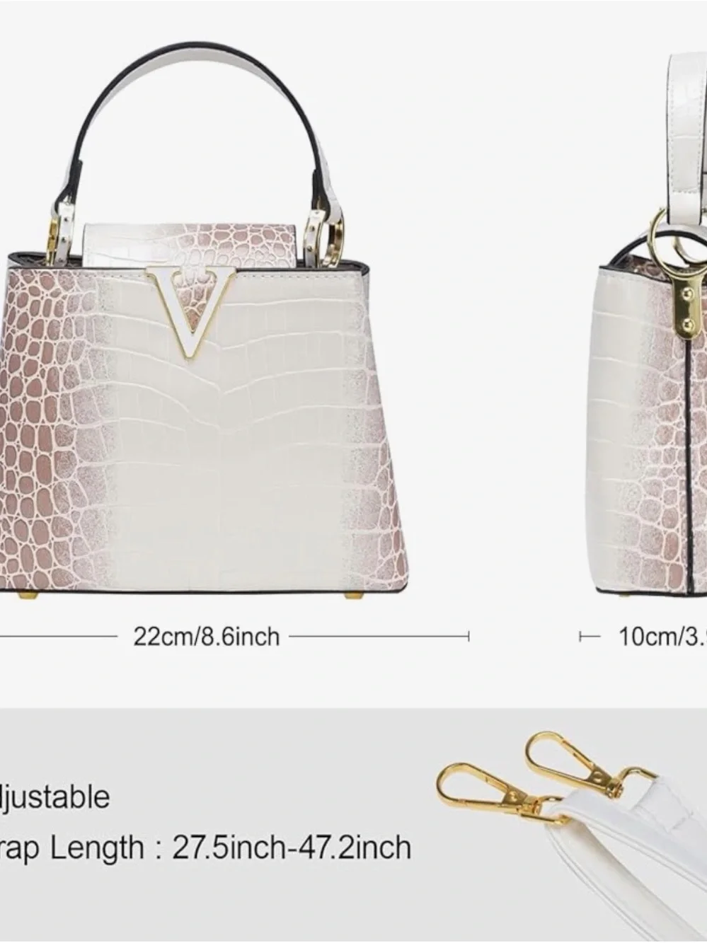 Croc-Embossed Top Handle Bag in Cream and Brown